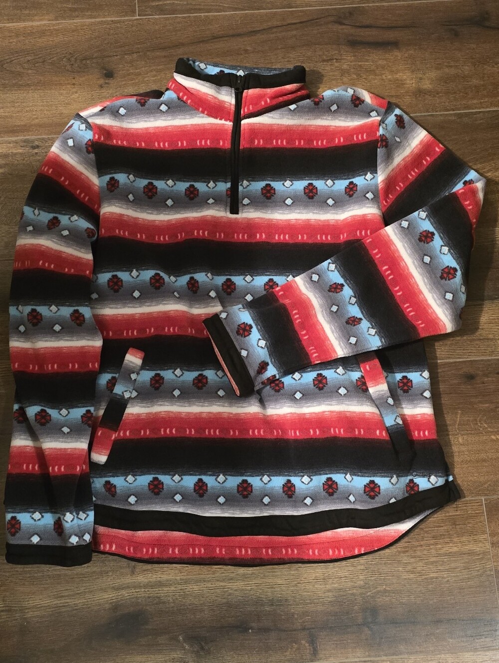 Women's Striped Quarter-Zip Pullover Sweater in Red, Blue & Black